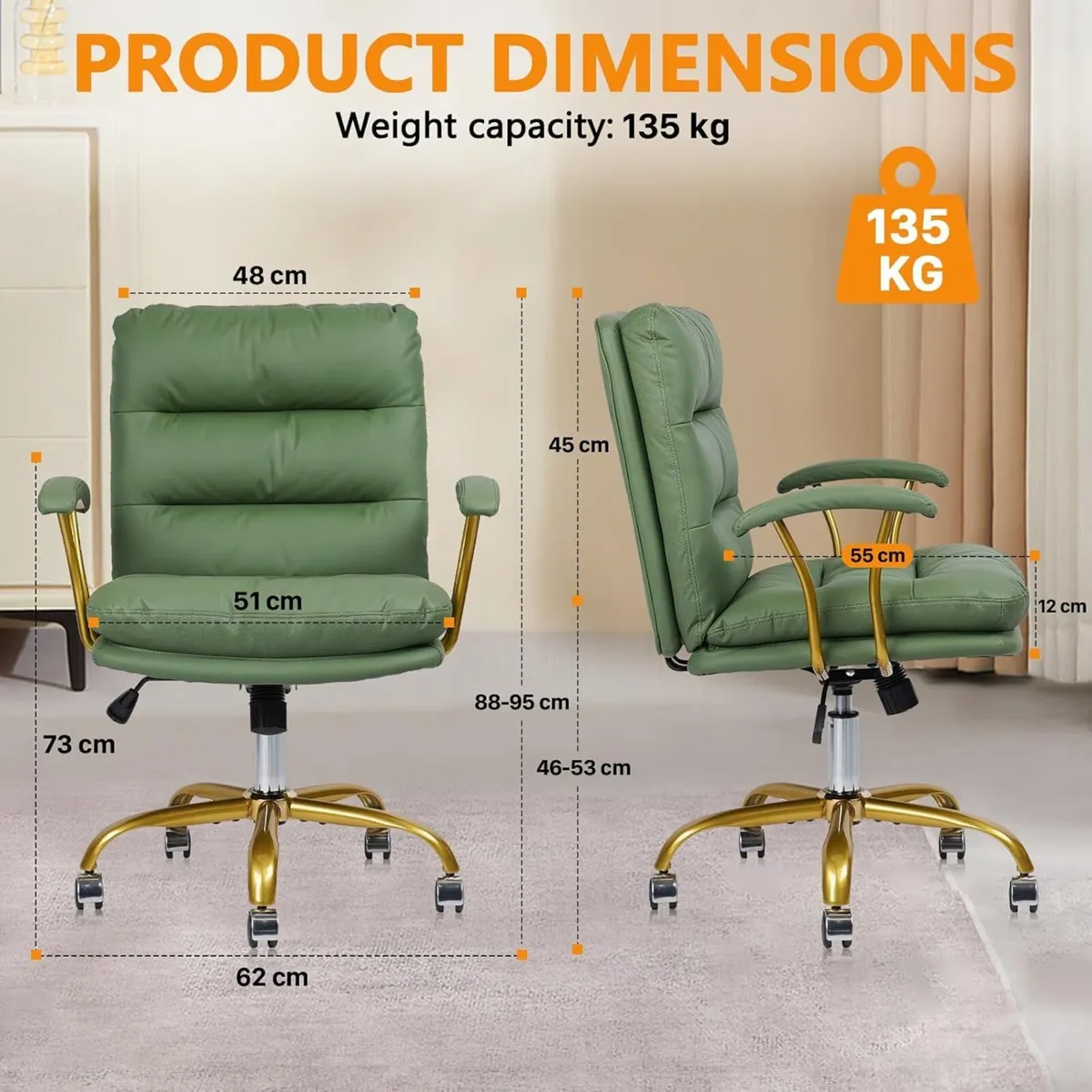 Green Leather Office Chair with Gold Legs - Image 3