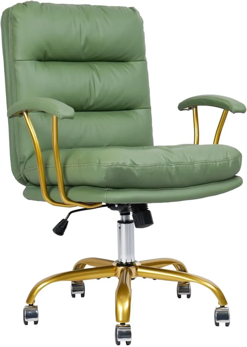 Green Leather Office Chair with Gold Legs - Image 1
