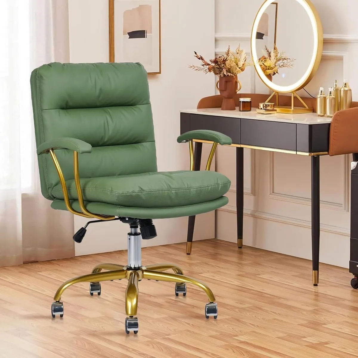 Green Leather Office Chair with Gold Legs - Image 2