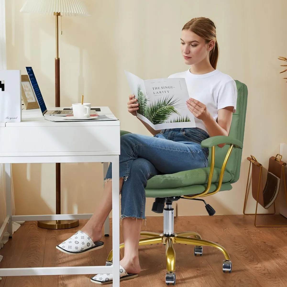 Green Leather Office Chair with Gold Legs - Image 4