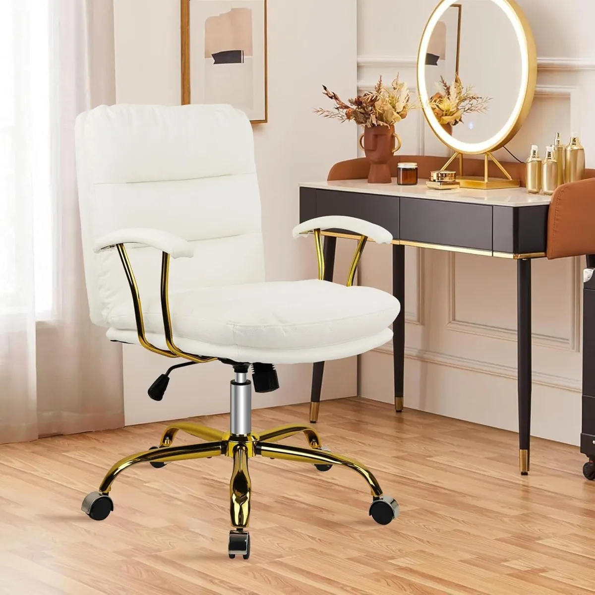White Leather Office Chair with Gold Legs - Image 2