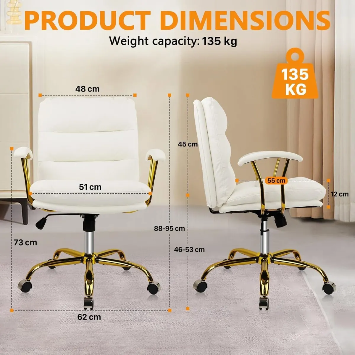 White Leather Office Chair with Gold Legs - Image 3