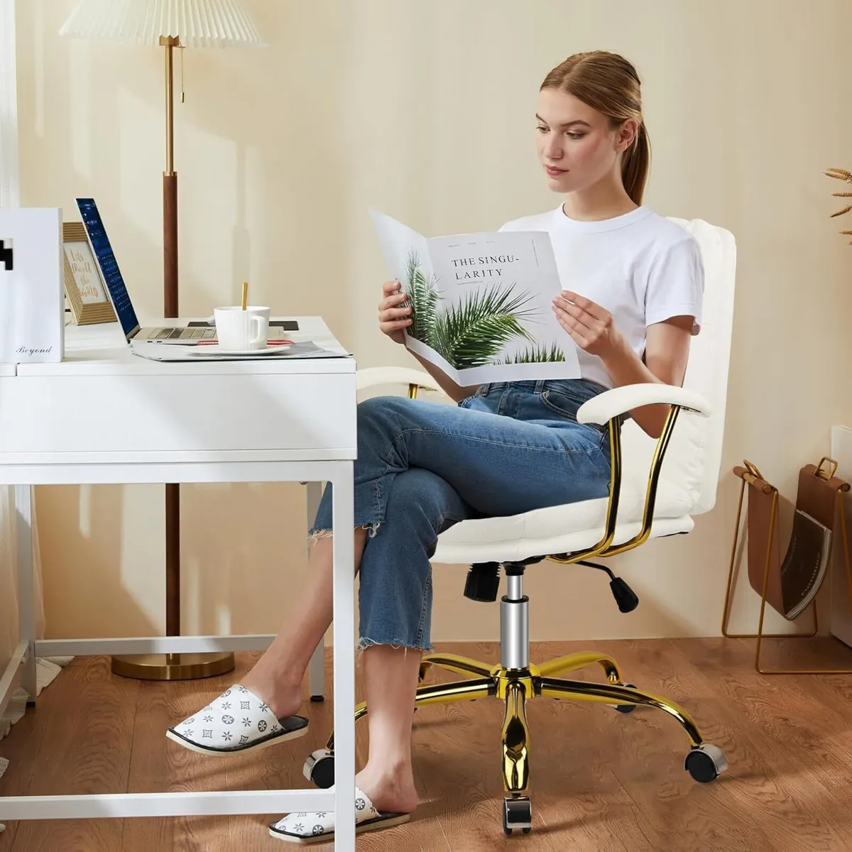 White Leather Office Chair with Gold Legs - Image 4