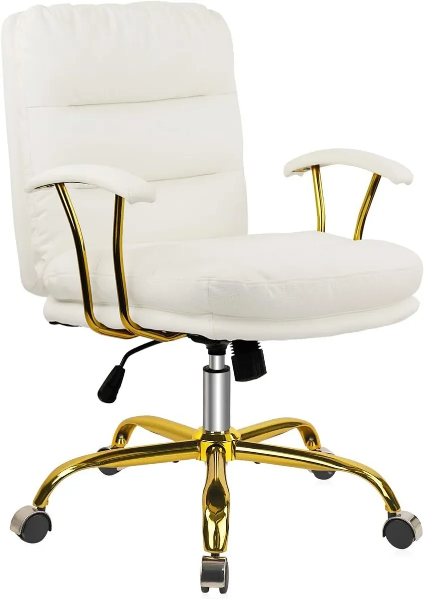 White Leather Office Chair with Gold Legs - Image 1