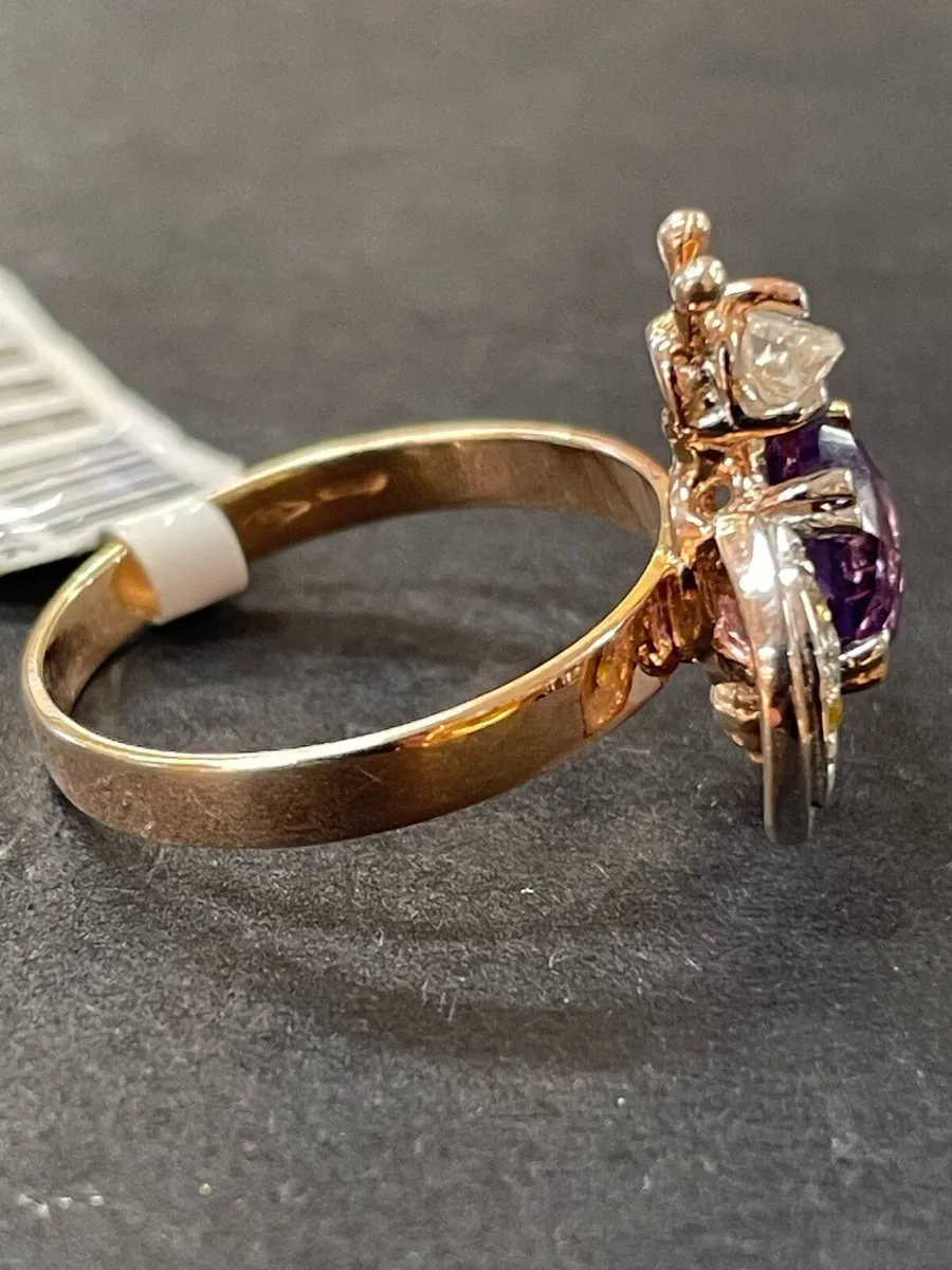 9k rose gold ring with amethyst and diamonds. - Image 4