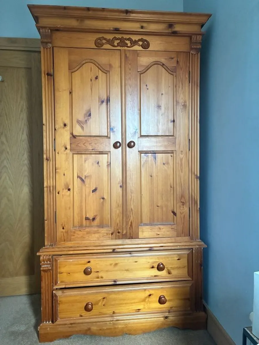 Solid pine wardrobe with 2 large drawers - Image 1