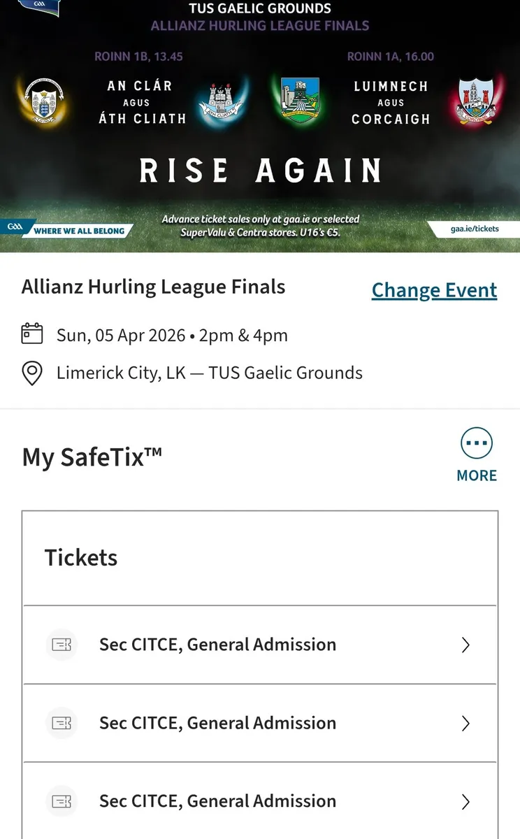 3 x Limerick Cork hurling league final tickets