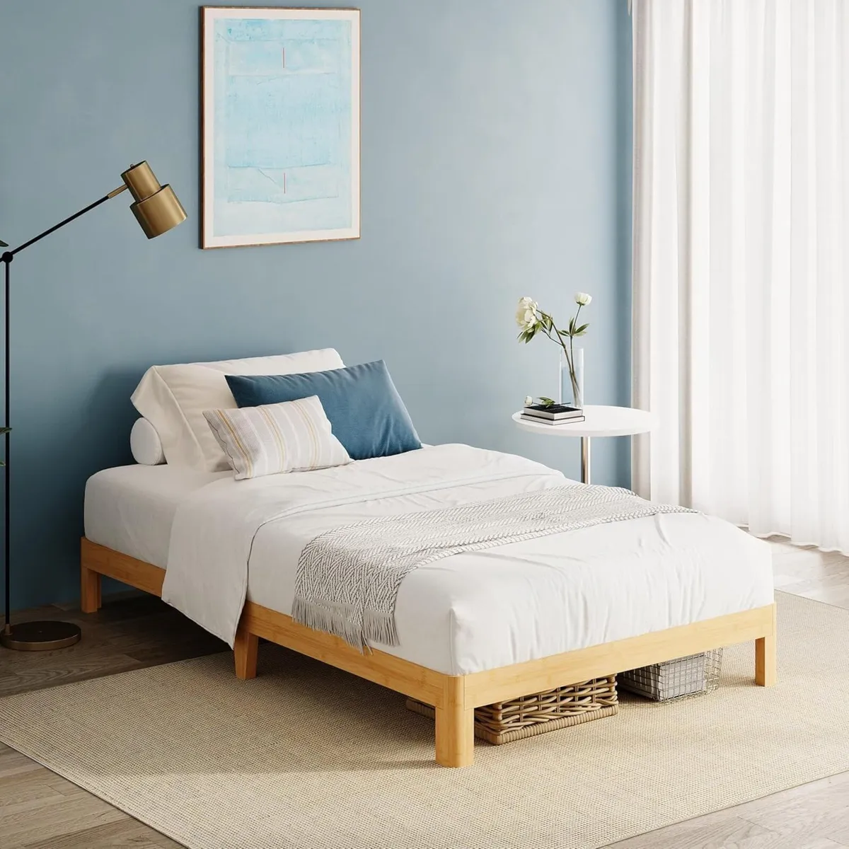 Bamboo Wood Single Bed Frame Platform with Metal - Image 1