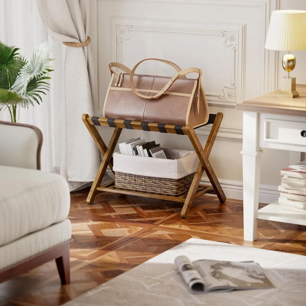 Luggage Rack Set of 2 Foldable Bamboo Suitcase - Image 2