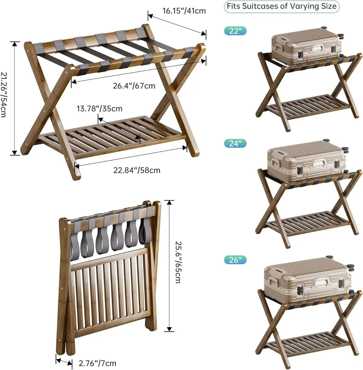Luggage Rack Set of 2 Foldable Bamboo Suitcase - Image 3