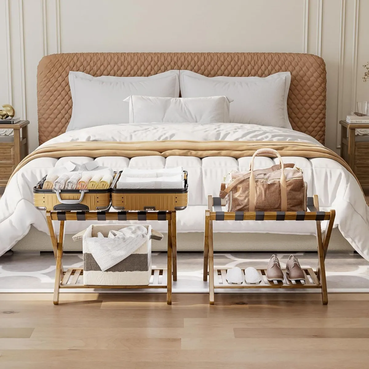 Luggage Rack Set of 2 Foldable Bamboo Suitcase - Image 4