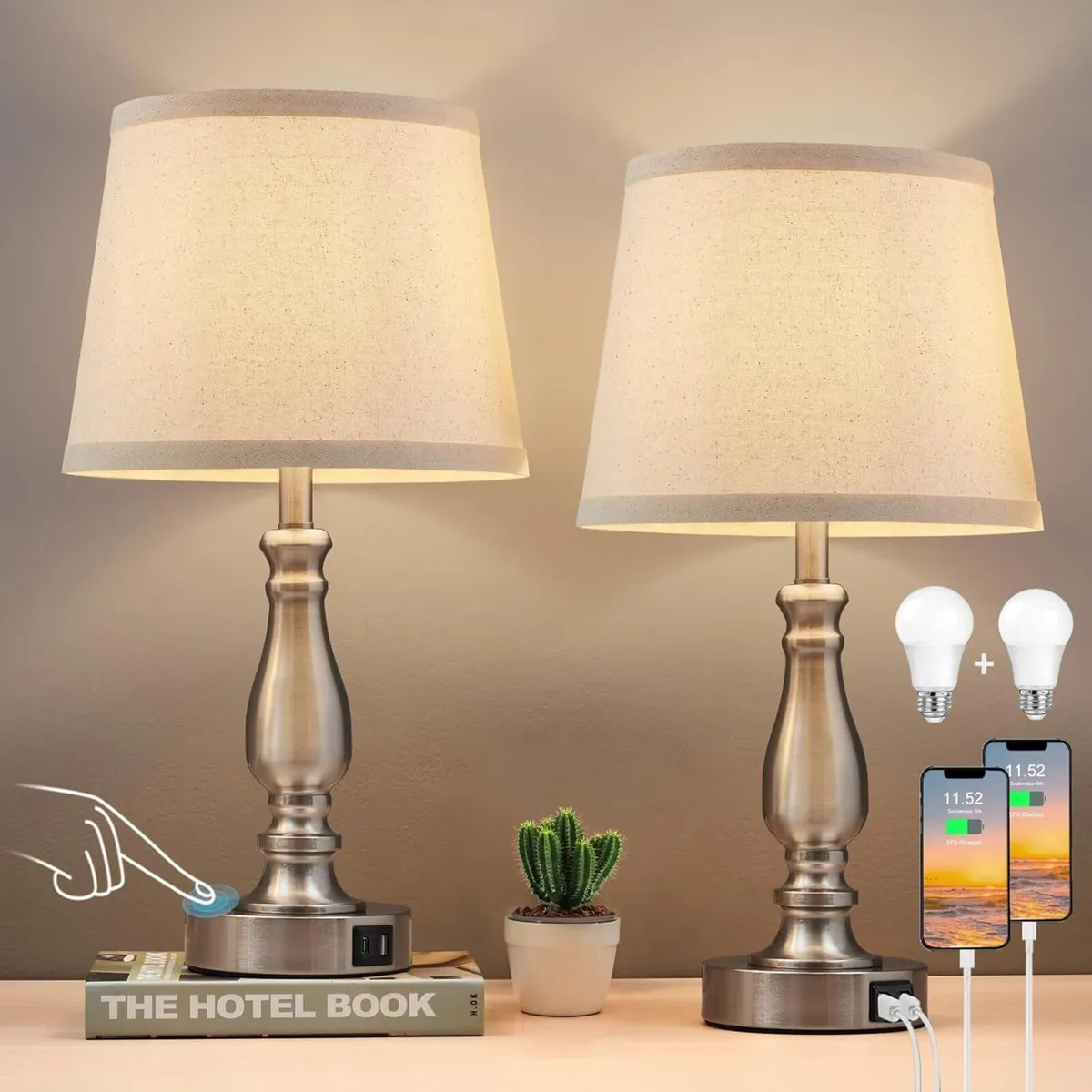 Table Lamp Set of 2 - Bedside Lamps with Dual USB - Image 1