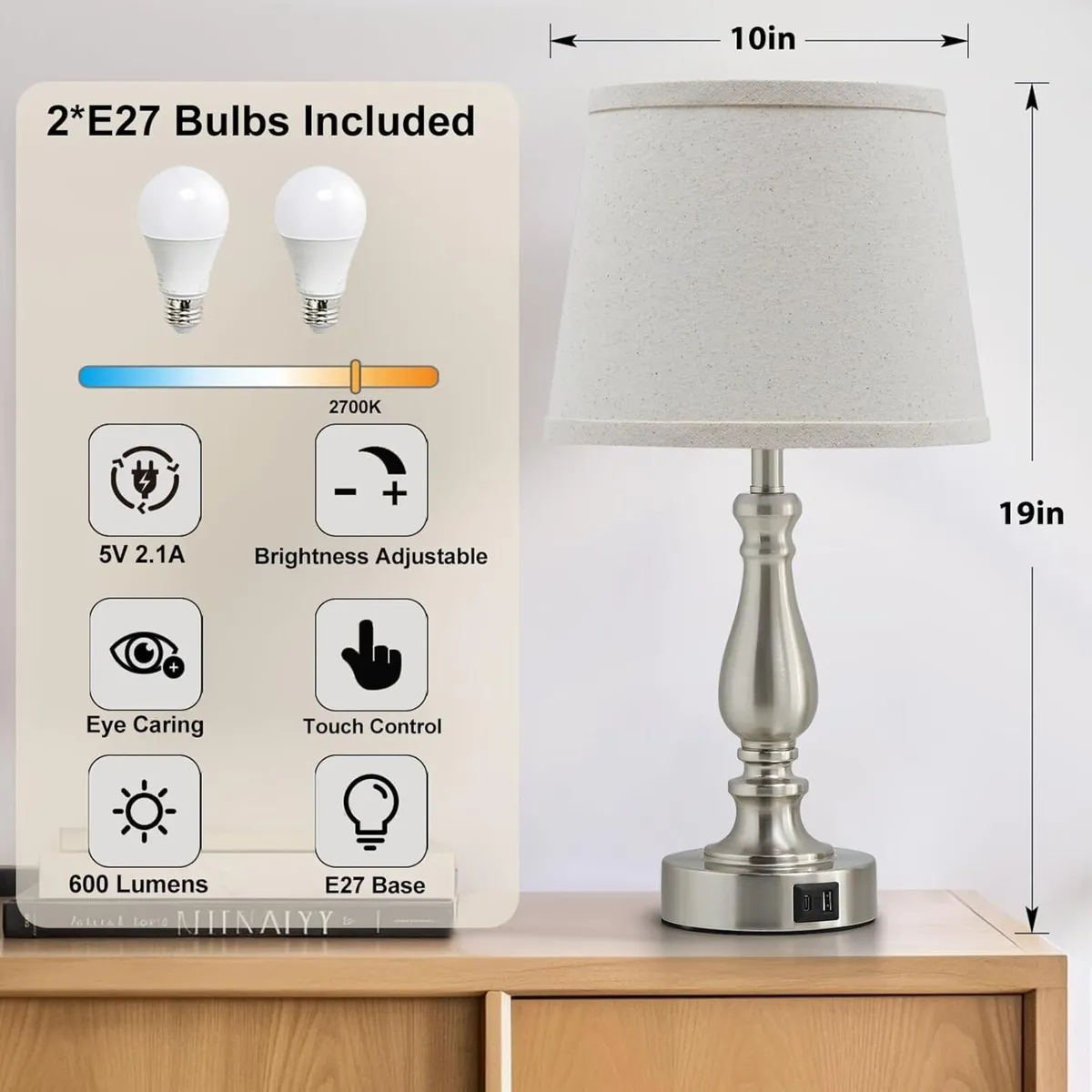 Table Lamp Set of 2 - Bedside Lamps with Dual USB - Image 2