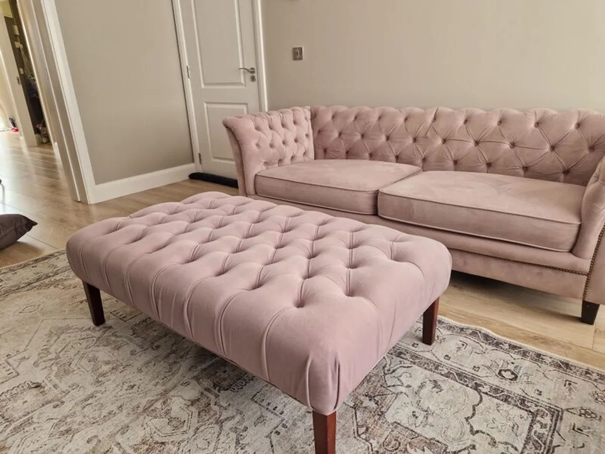Pink 3 and 2 seater sofa with footstool for sale - Image 4