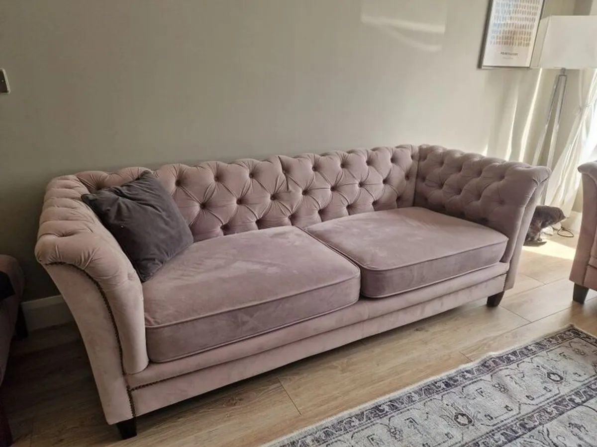 Pink 3 and 2 seater sofa with footstool for sale - Image 1