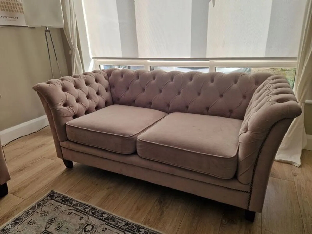 Pink 3 and 2 seater sofa with footstool for sale - Image 2