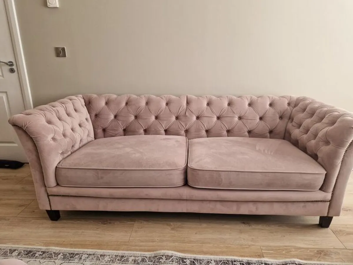 Pink 3 and 2 seater sofa with footstool for sale - Image 3