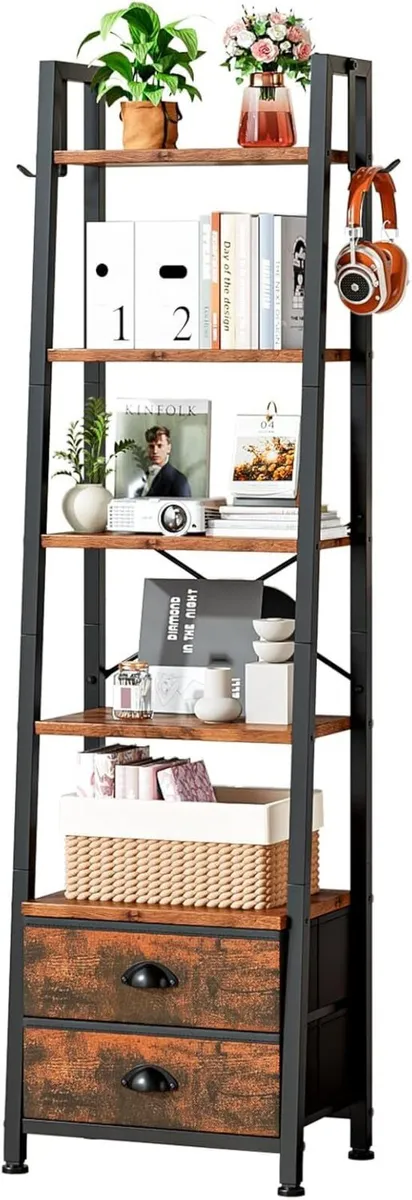 5 Tier Bookshelf with 2 Fabric Drawers Slim - Image 1