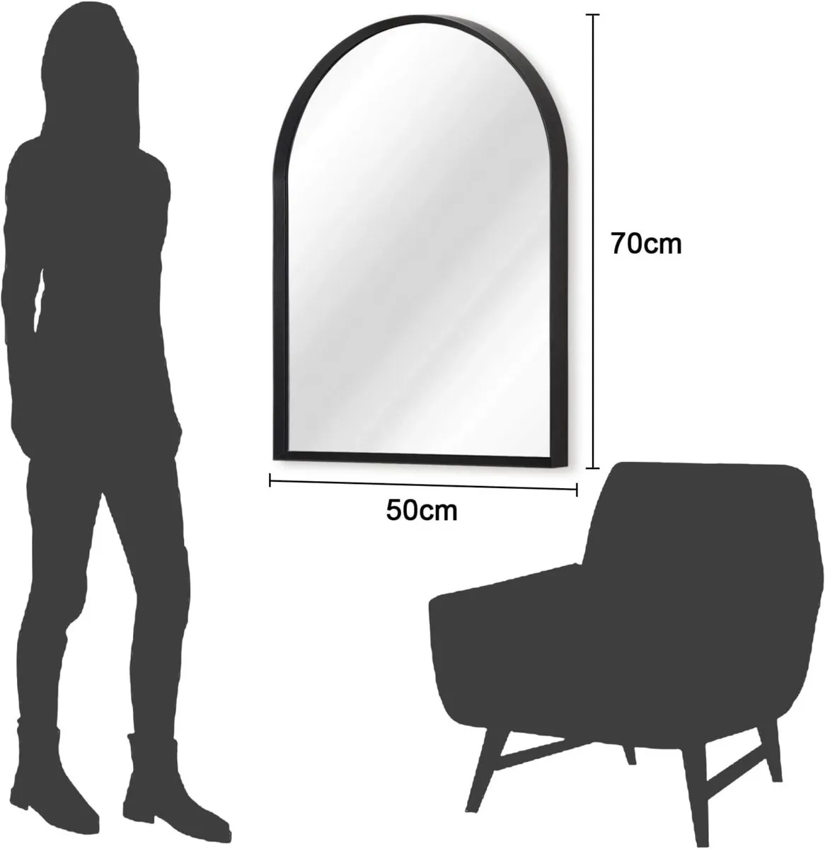 Black Arched Bathroom Wall Mirror Brushed Metal - Image 2