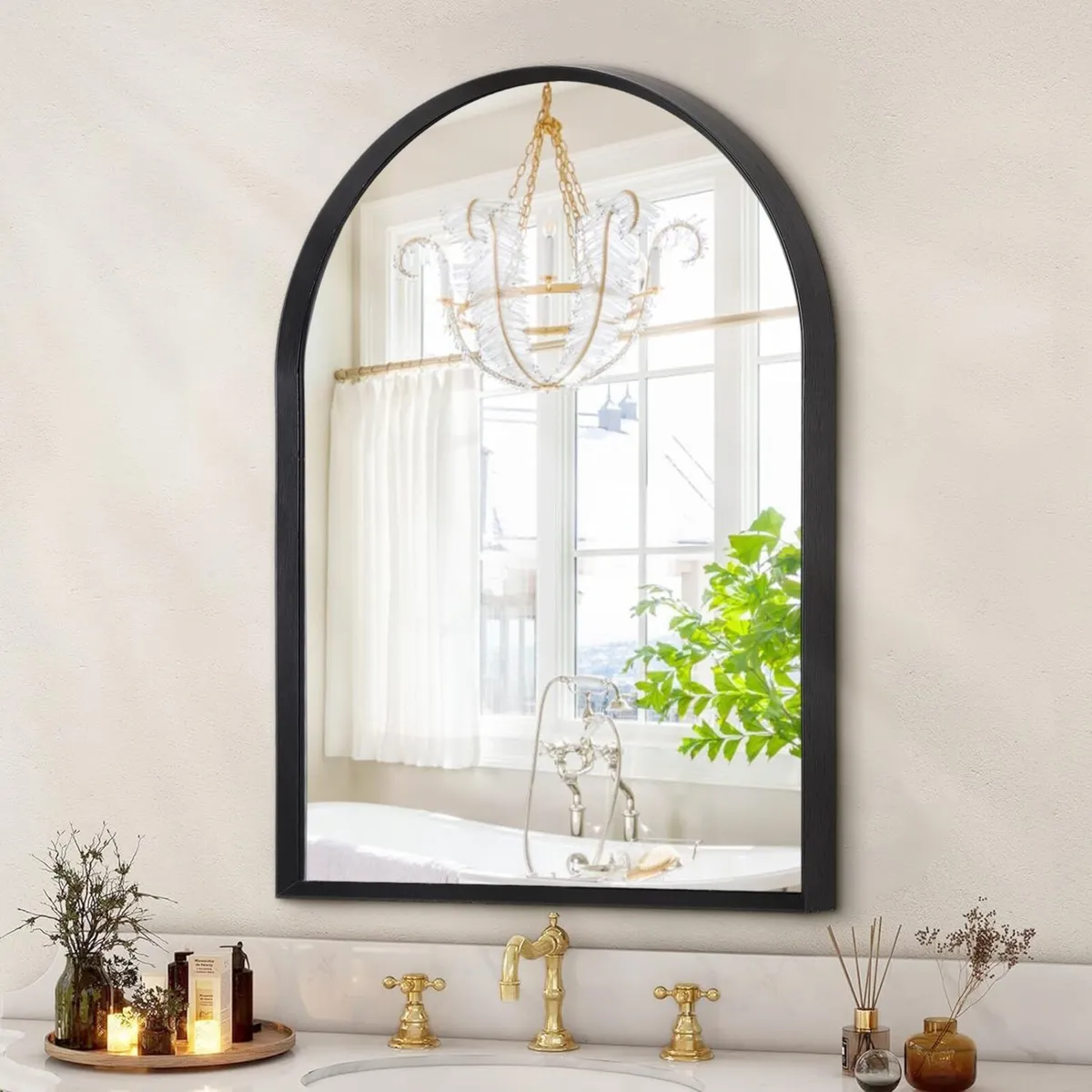 Black Arched Bathroom Wall Mirror Brushed Metal - Image 4
