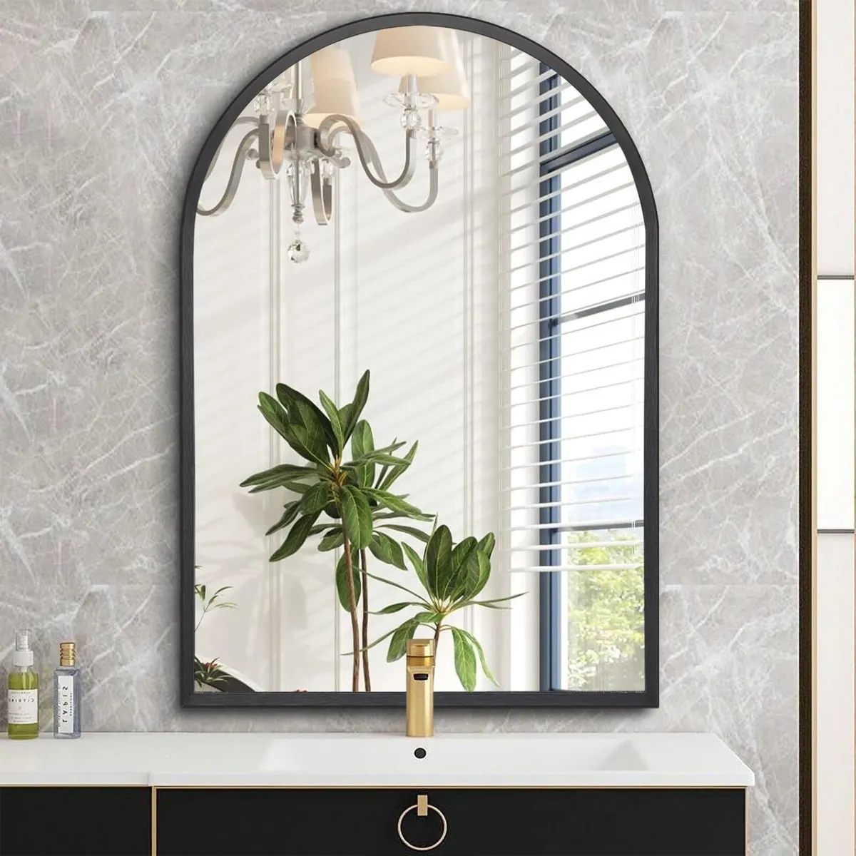 Black Arched Bathroom Wall Mirror Brushed Metal - Image 1