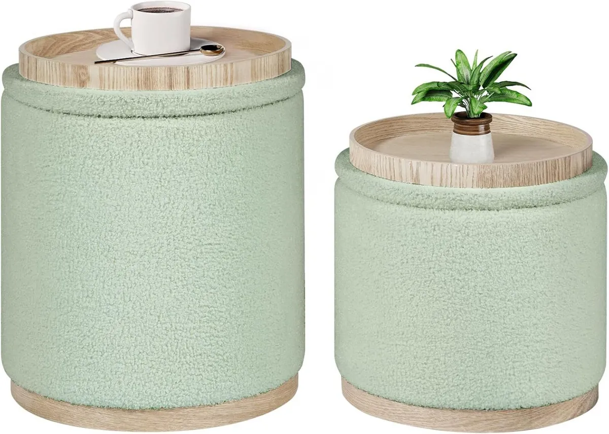 Round Green Ottoman with Storage Set of 2 Makeup - Image 1