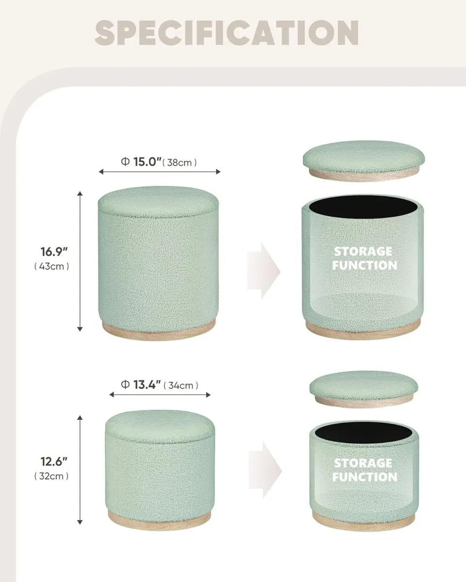 Round Green Ottoman with Storage Set of 2 Makeup - Image 3