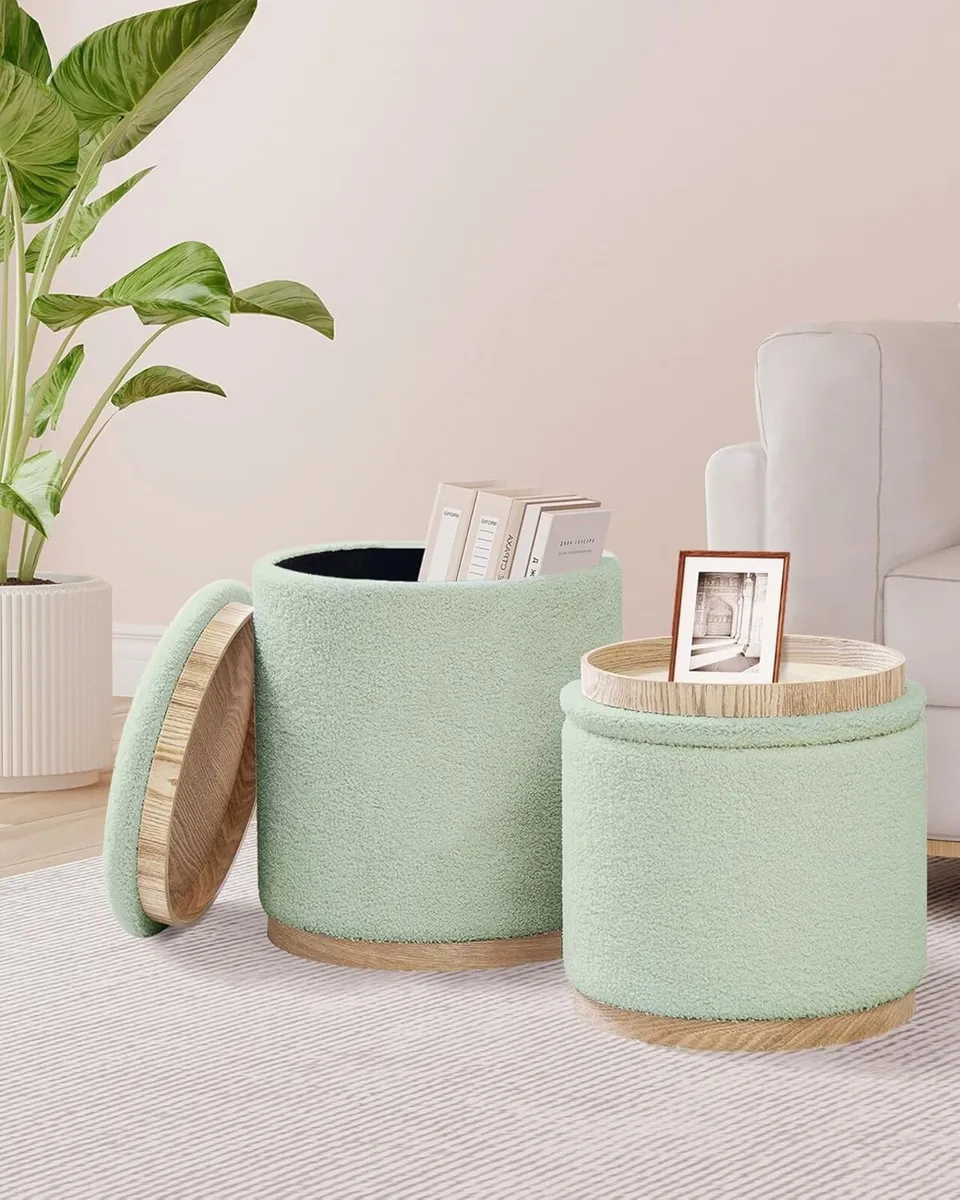 Round Green Ottoman with Storage Set of 2 Makeup - Image 2