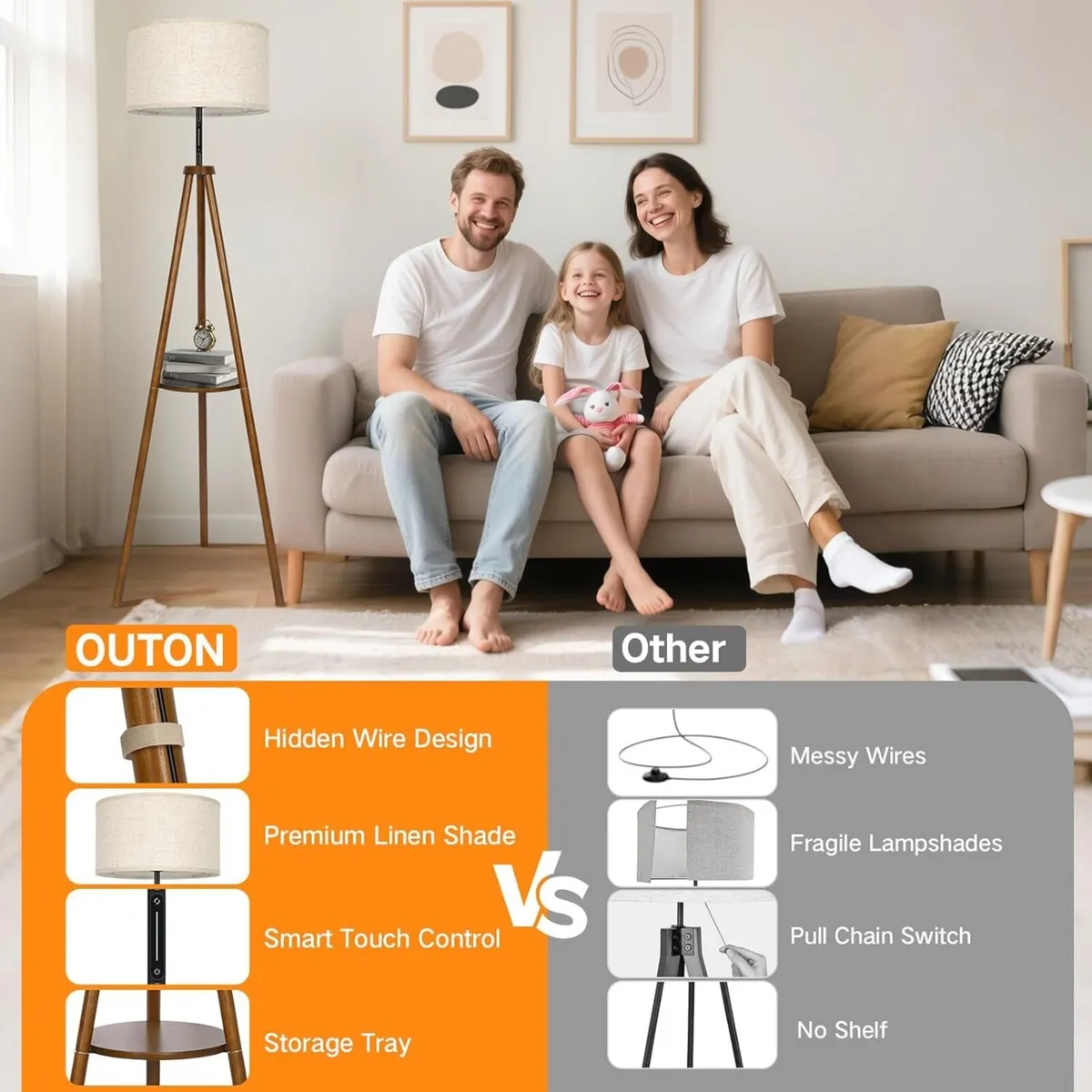 Solid Wooden Tripod Floor Lamp Touch Control - Image 4
