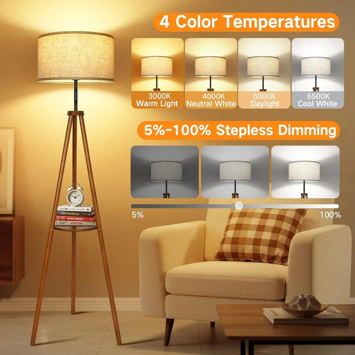 Solid Wooden Tripod Floor Lamp Touch Control - Image 2