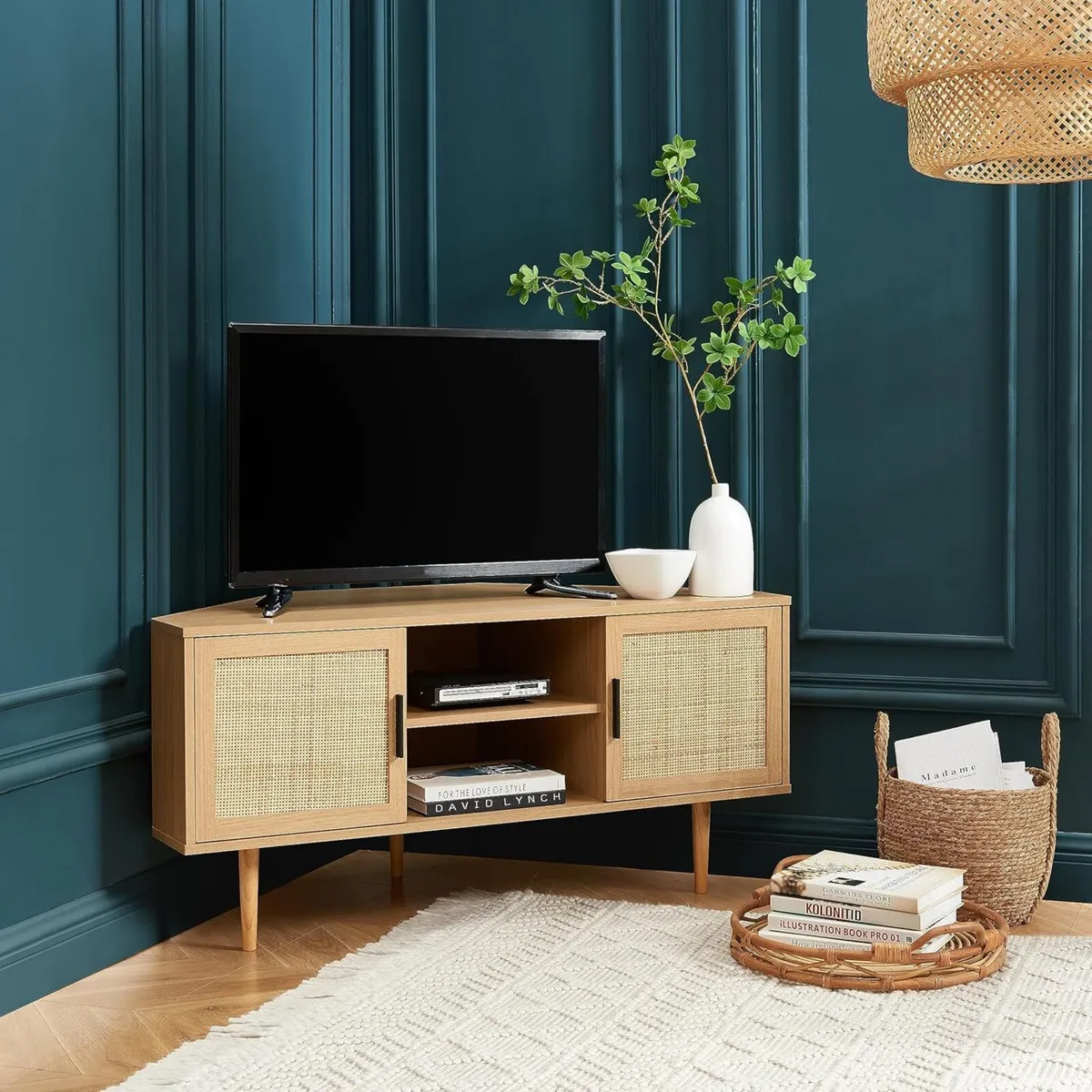AMANA Corner TV Unit in Oak Effect and Rattan - Image 2