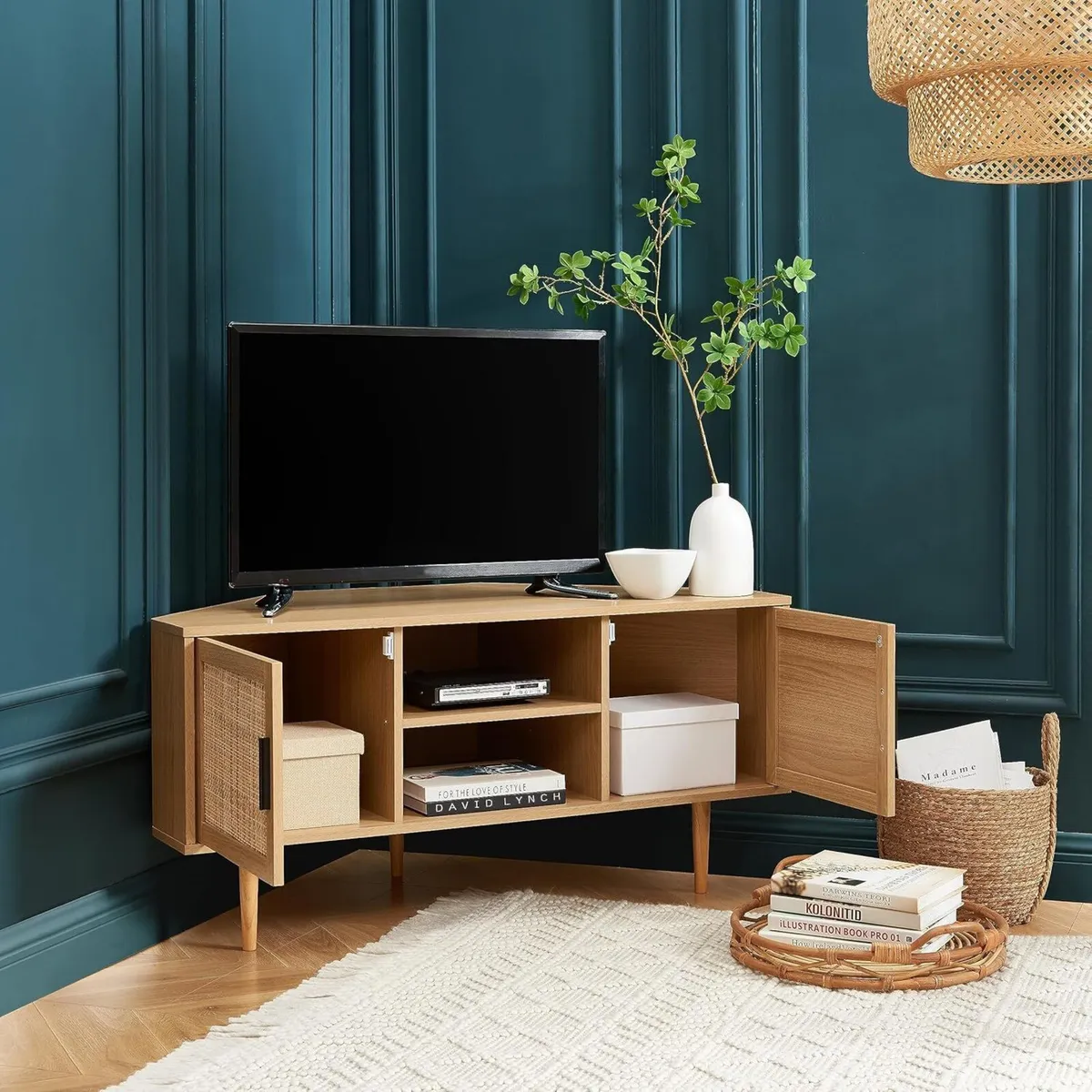AMANA Corner TV Unit in Oak Effect and Rattan - Image 4