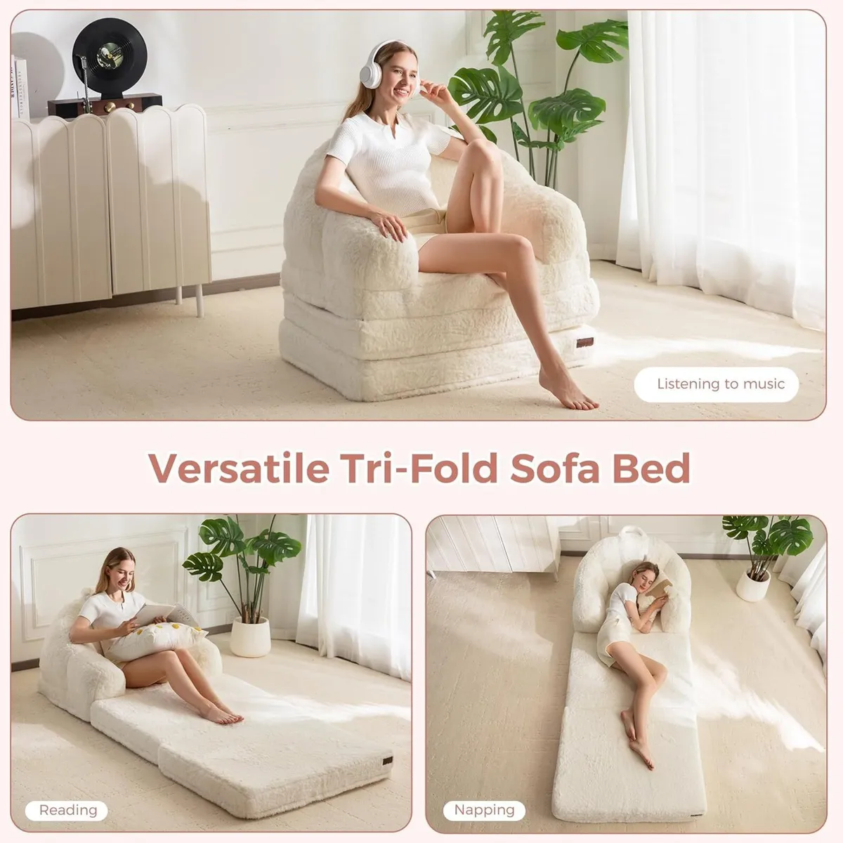 Folding Sofa Bed Comfy Faux Fur Fabric Convertible - Image 4