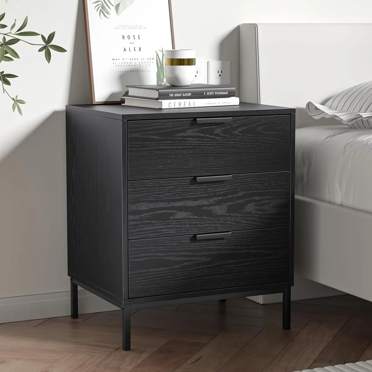 Bedside Table with 3 Drawers Black Nigntstand for - Image 1