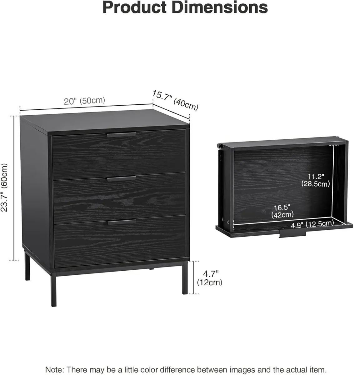 Bedside Table with 3 Drawers Black Nigntstand for - Image 2