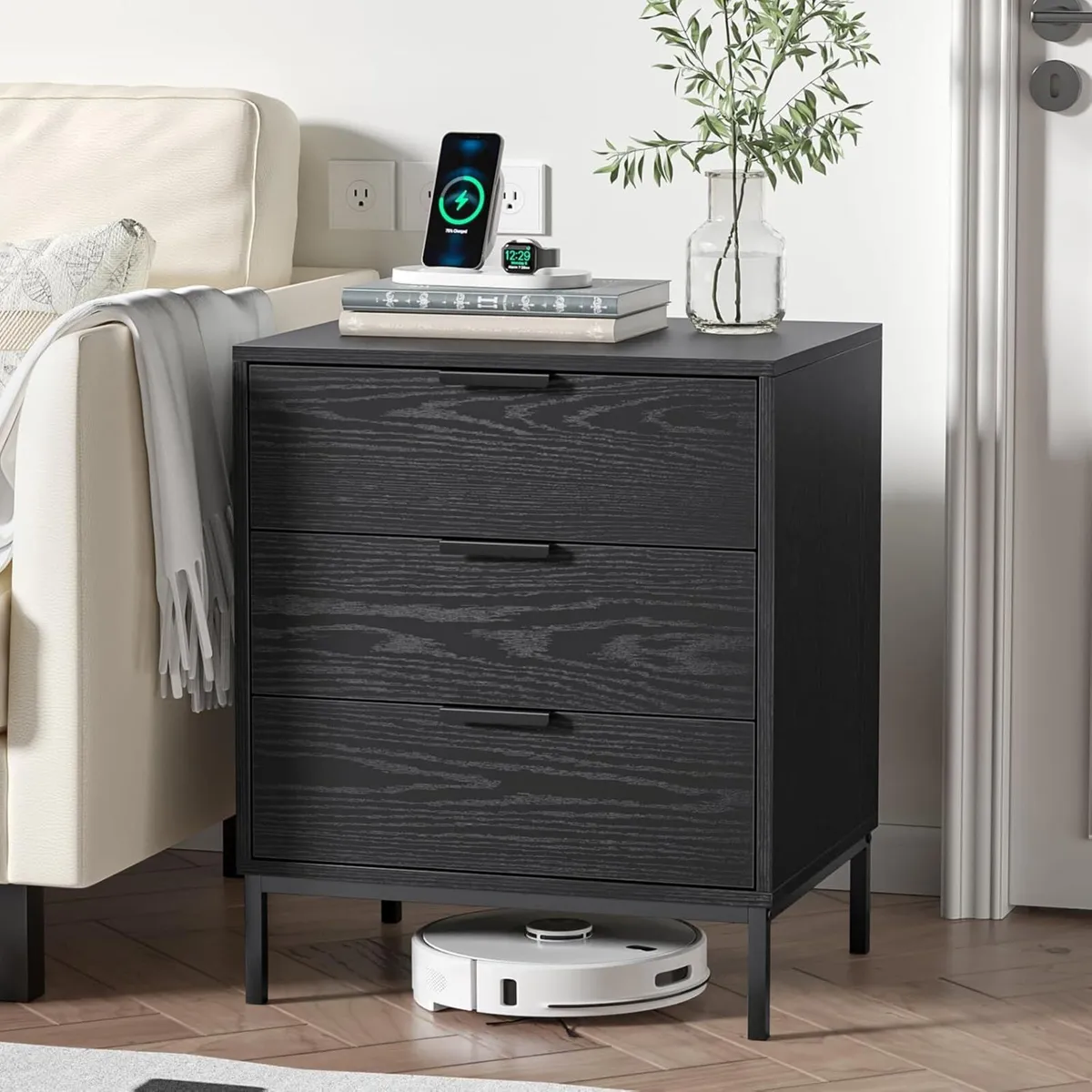 Bedside Table with 3 Drawers Black Nigntstand for - Image 4