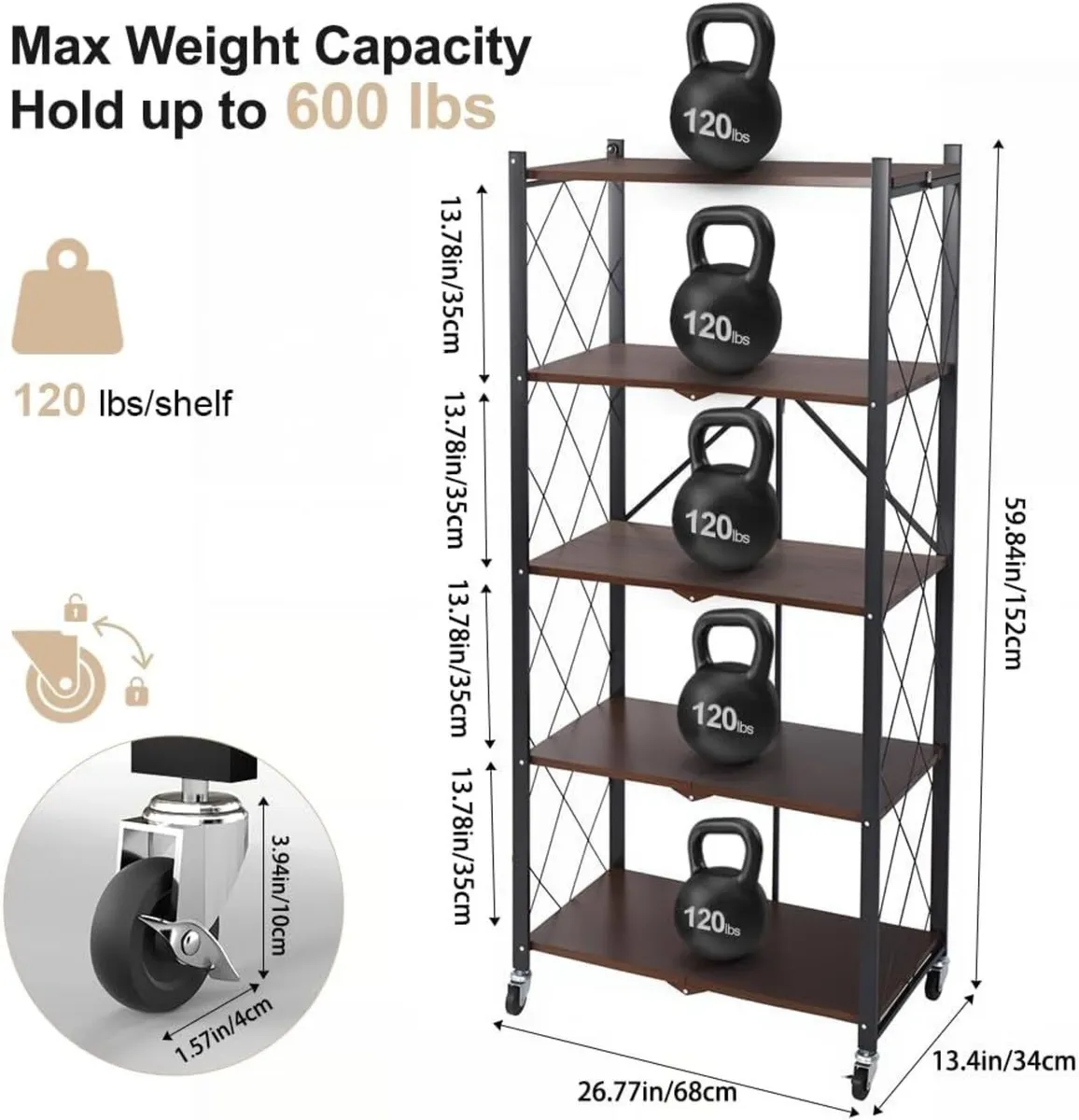 Folding Storage Shelves on Wheels 5-Tier Metal - Image 2