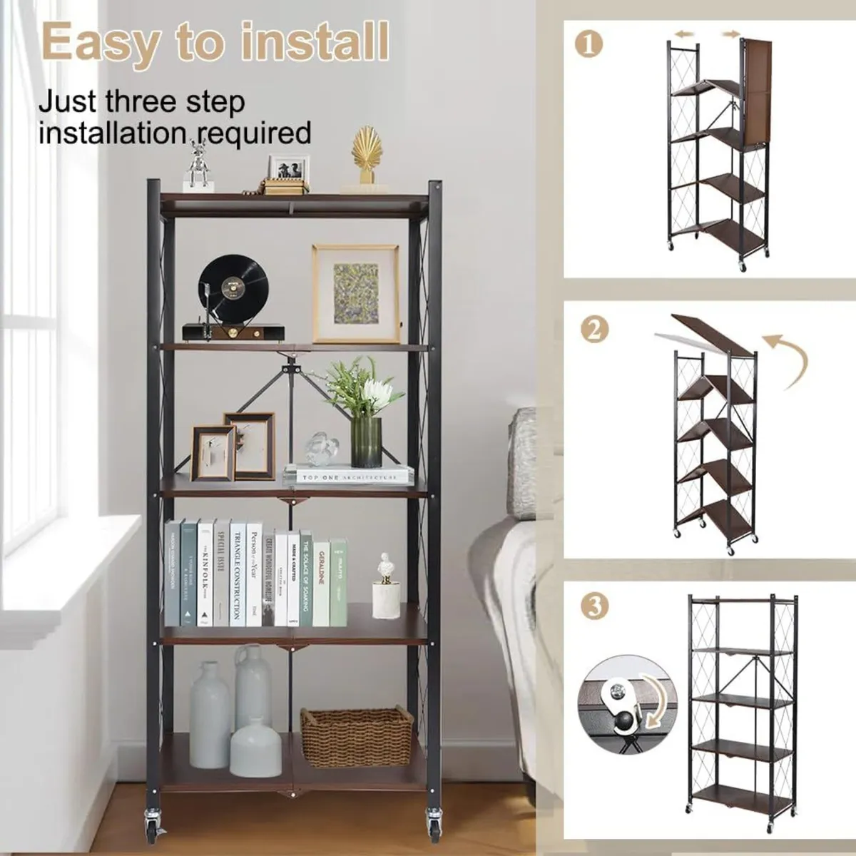 Folding Storage Shelves on Wheels 5-Tier Metal - Image 4