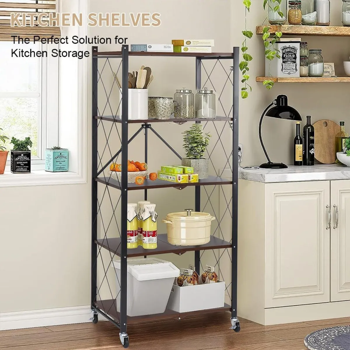 Folding Storage Shelves on Wheels 5-Tier Metal - Image 3
