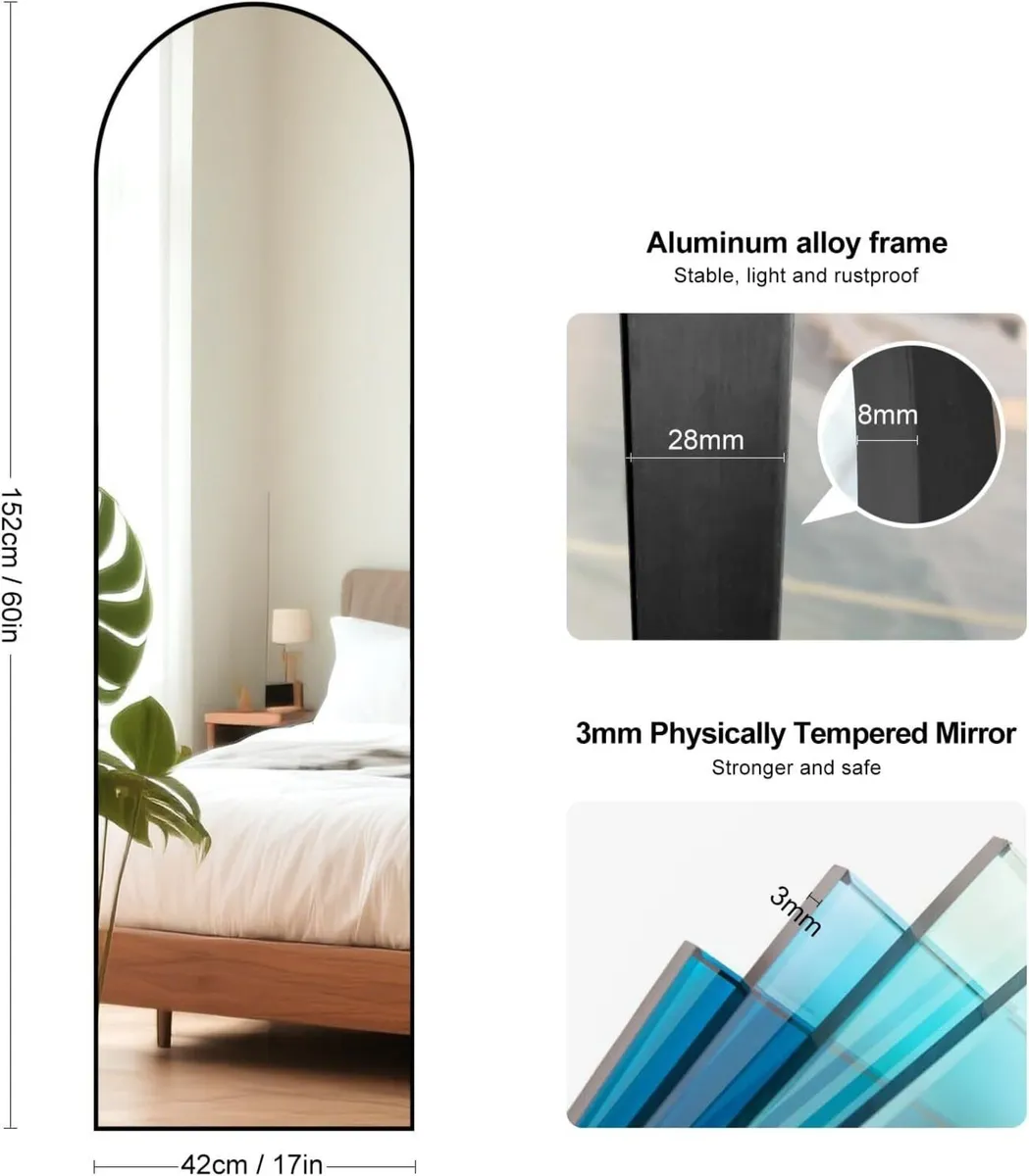 Black Arch Floor Mirror 152x42cm Aluminium Frame - Image 3