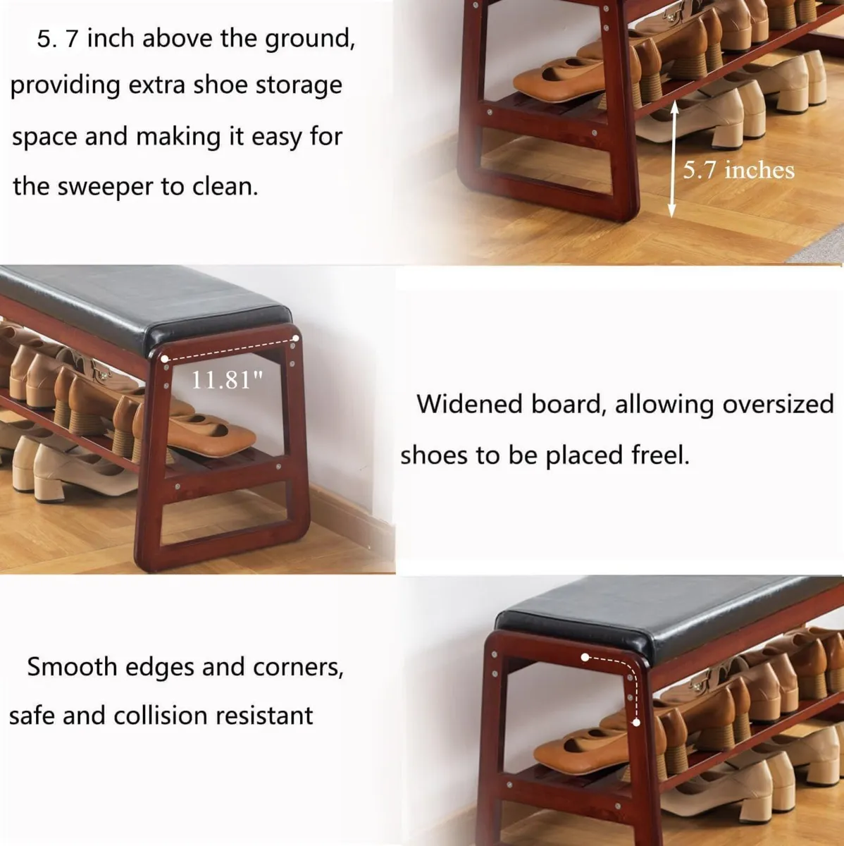 Solid Wood Shoe Bench 2-Tier Wooden Storage - Image 4