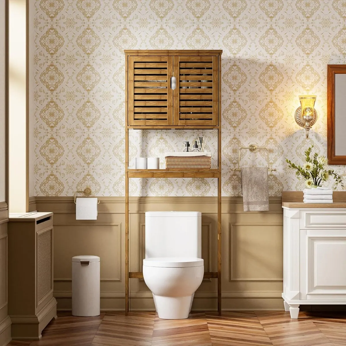 Bathroom Storage Shelf with Cabinet Bamboo - Image 2