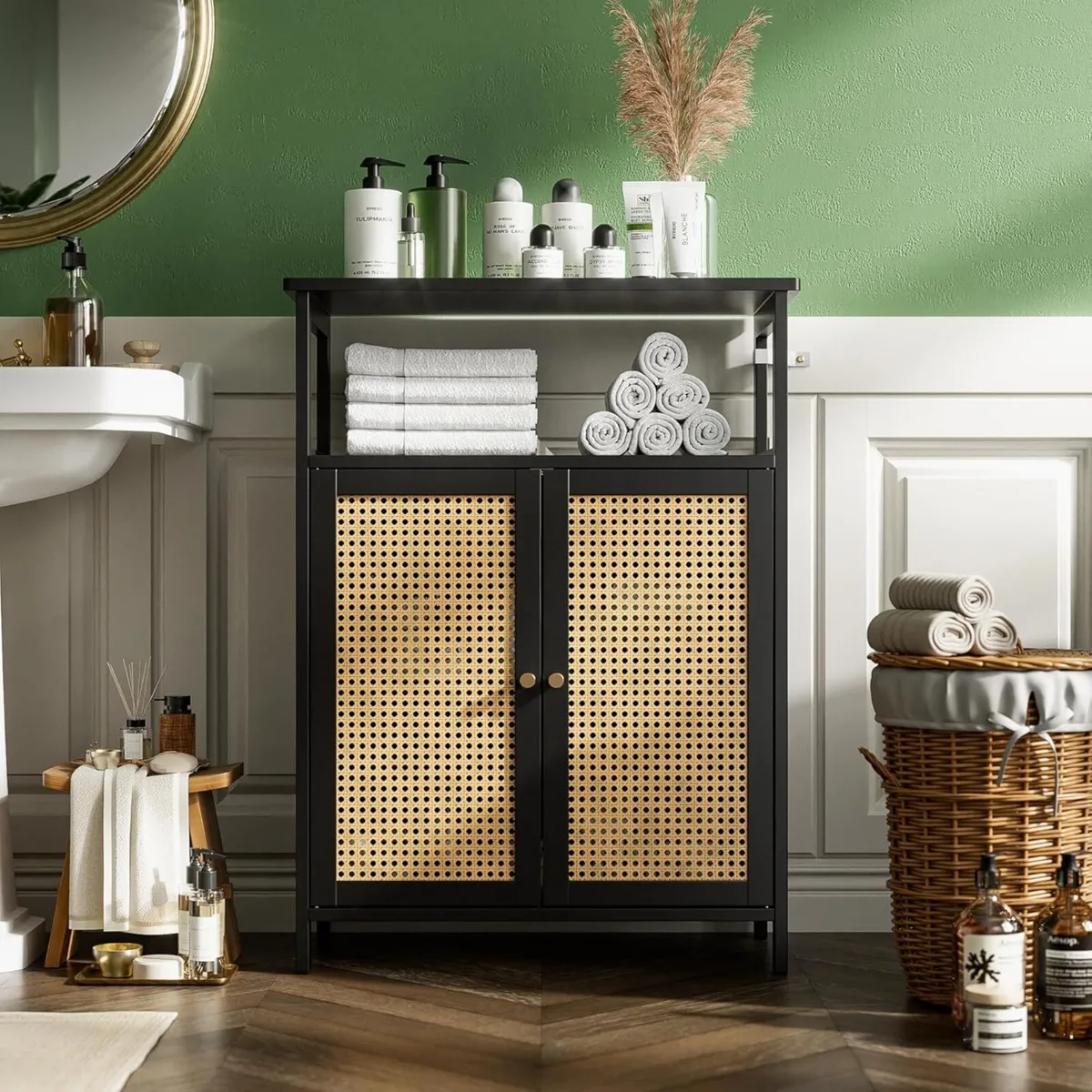 Bamboo Floor Rattan Cabinet Bathroom Storage - Image 2