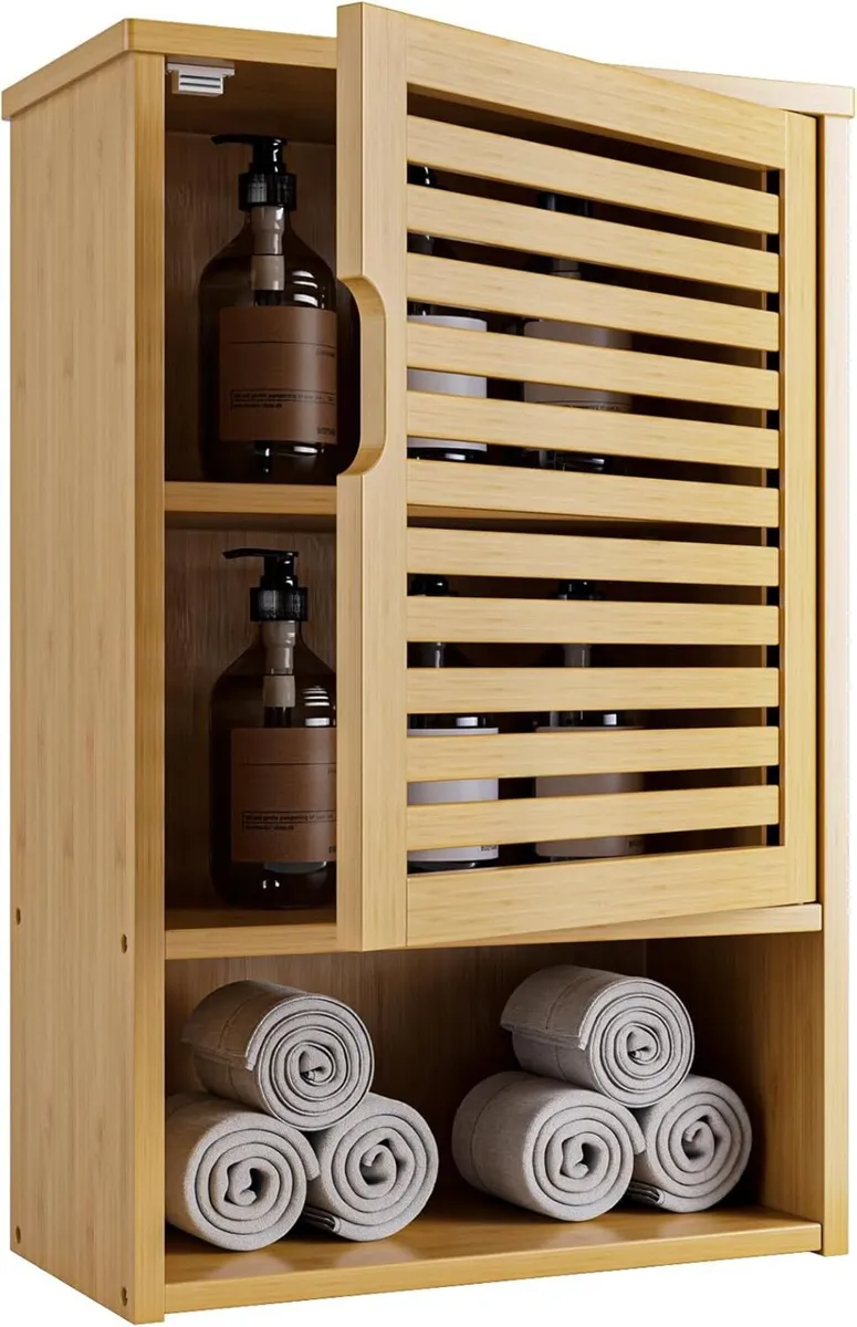 Wall Cabinet Small Bathroom Mounted Bamboo - Image 1