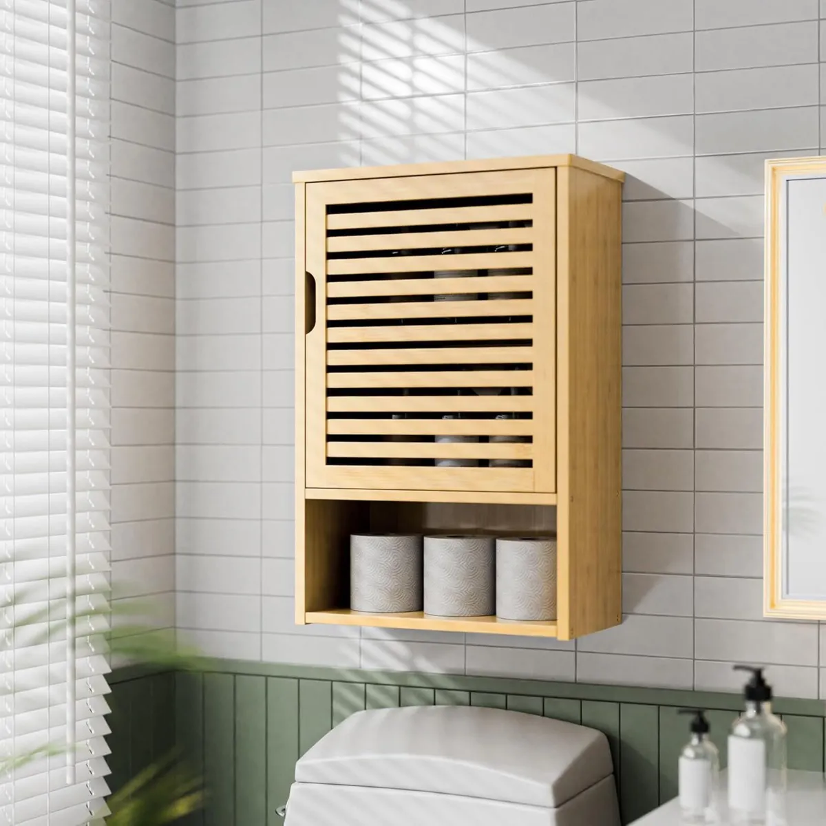 Wall Cabinet Small Bathroom Mounted Bamboo - Image 2