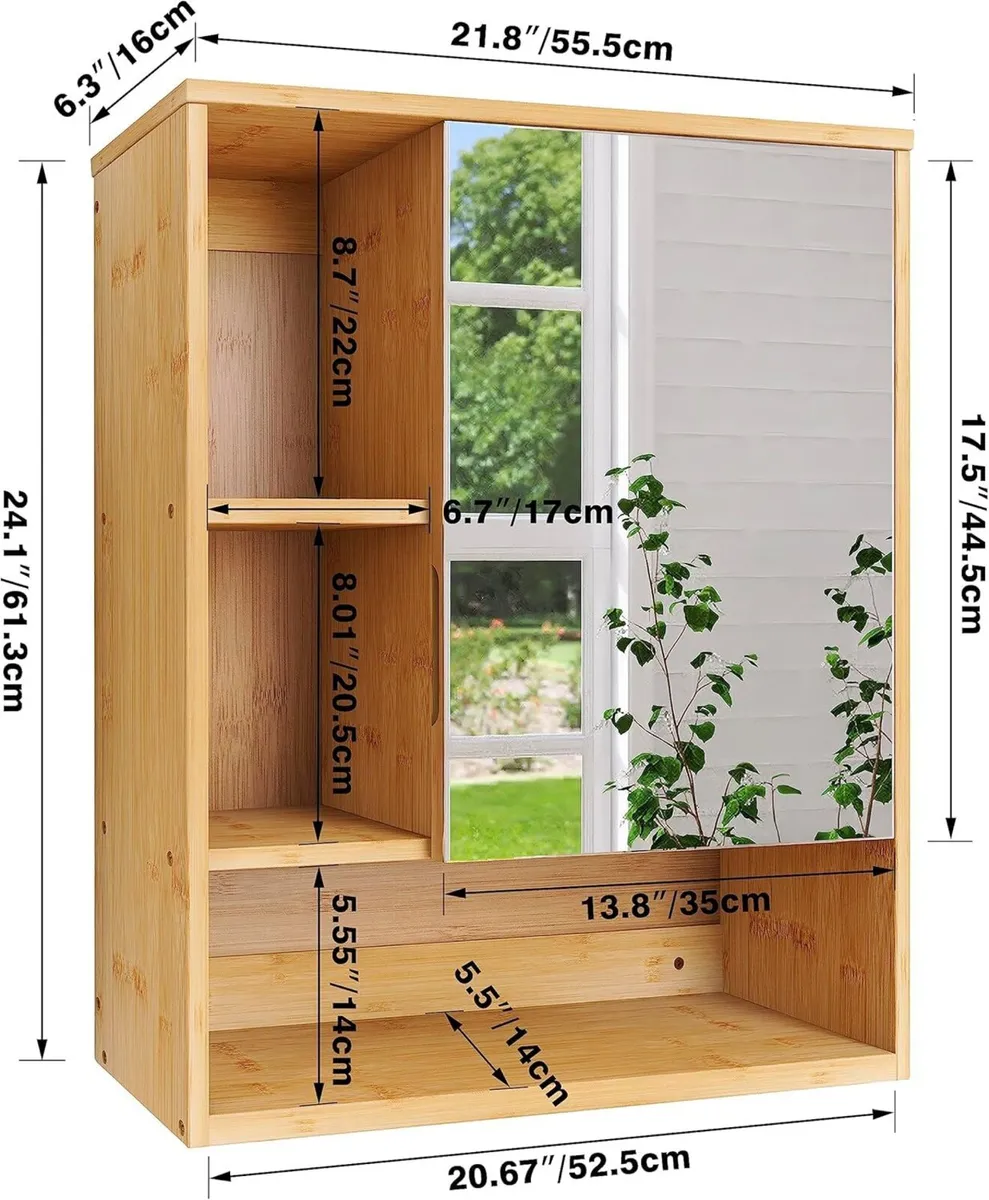 Bathroom Mirror Cabinet Wall Mounted Bamboo Space - Image 3