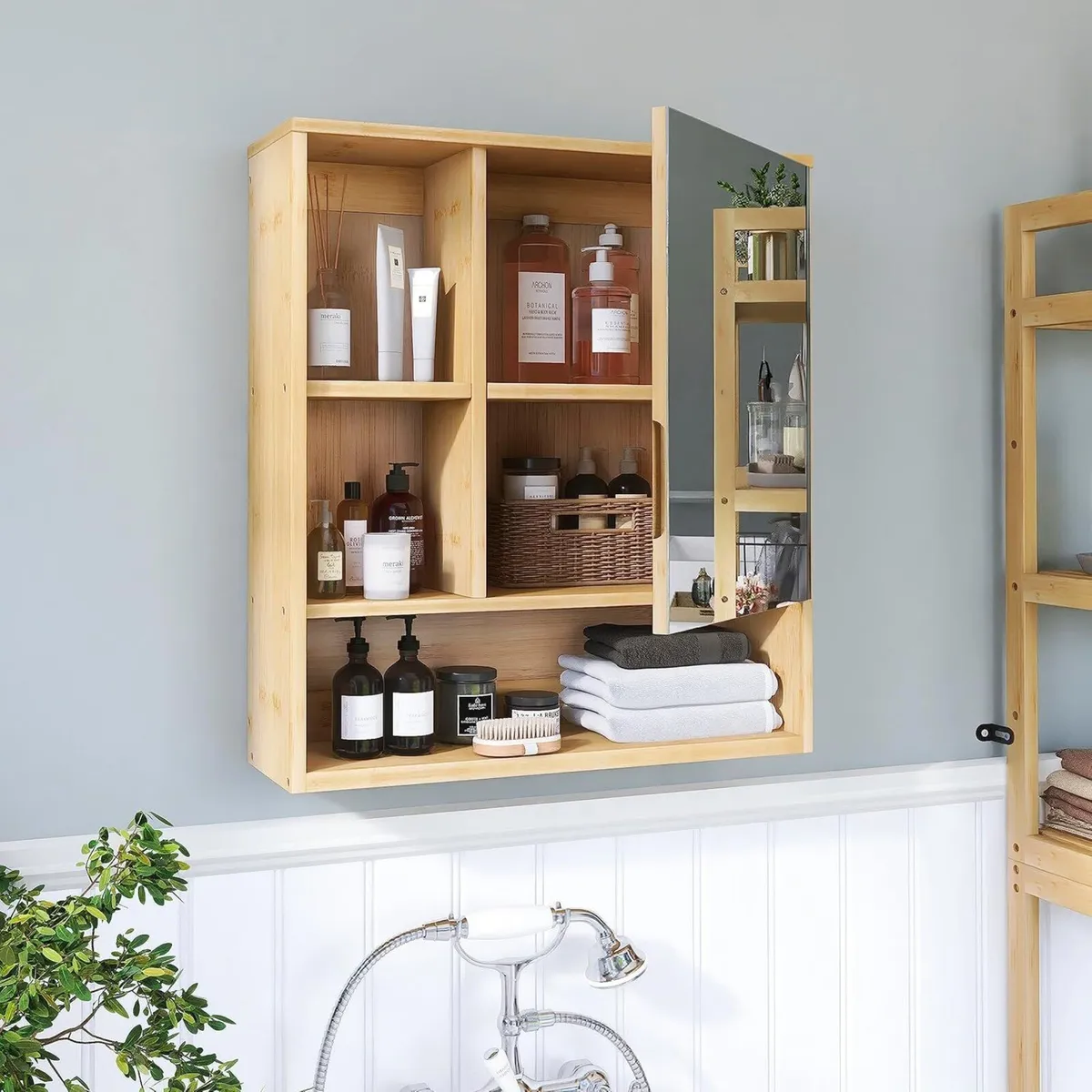 Bathroom Mirror Cabinet Wall Mounted Bamboo Space - Image 4