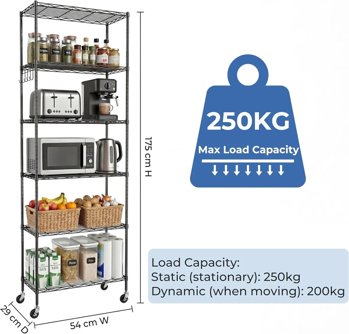 6-Tier Standing Storage Shelf with Wheels Height - Image 3