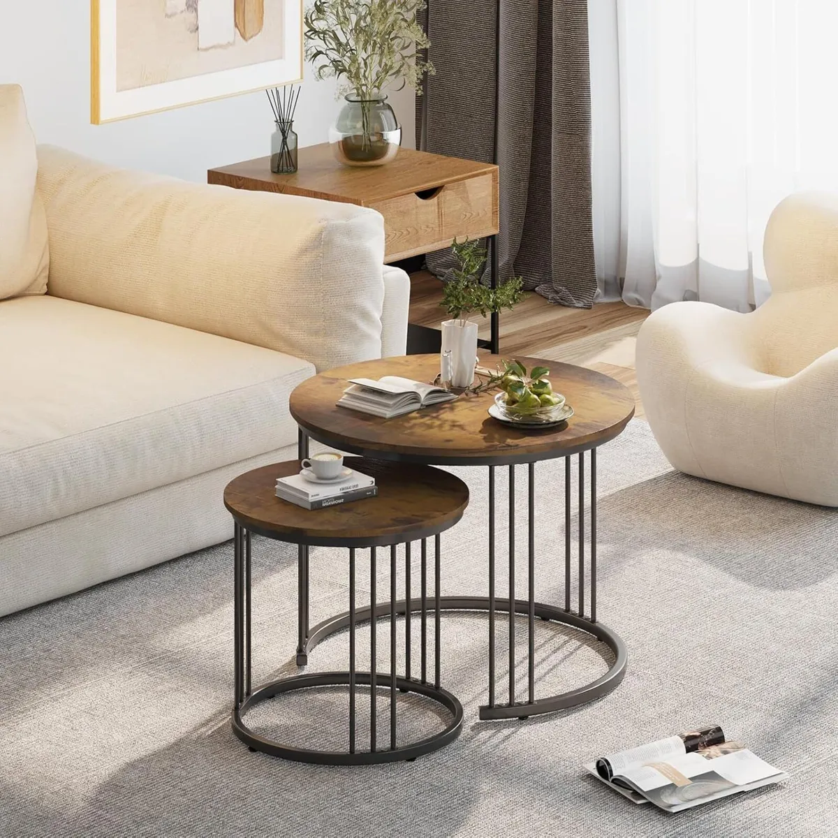 Round Coffee Tables Set of 2 End Table Nesting - Image 3