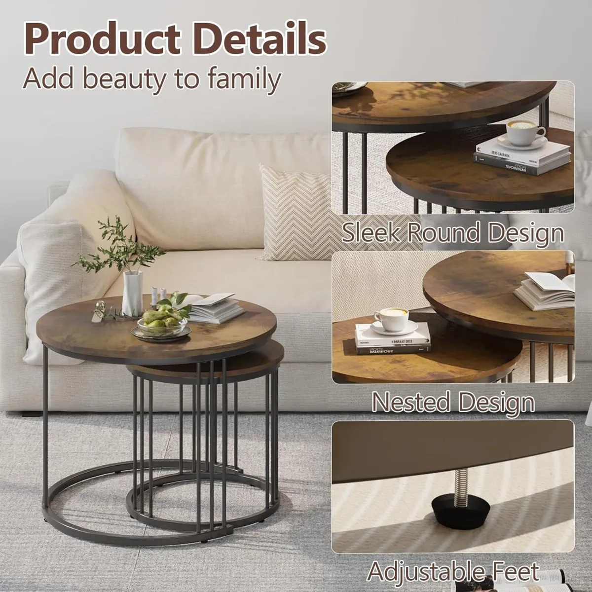 Round Coffee Tables Set of 2 End Table Nesting - Image 4